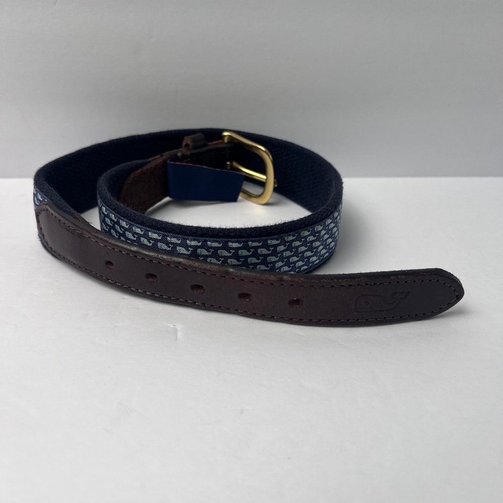 Vineyard Vines Navy Blue Whale Print Kids Belt with Brown Leather Trim